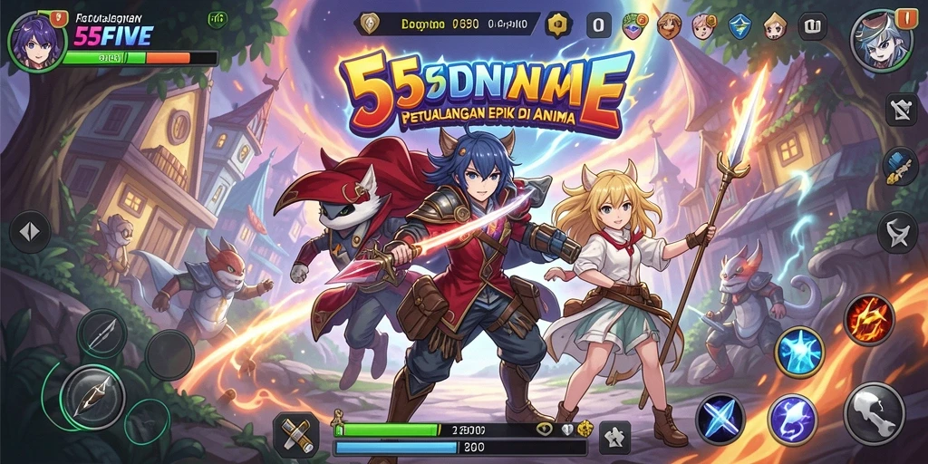 Tampilan gameplay menarik dari 55FIVE dengan karakter anime.