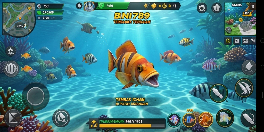 Screenshot gameplay BNI789 menampilkan serunya berburu ikan di lautan.