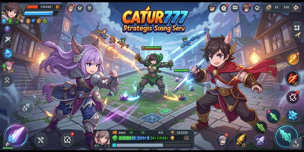 Screenshot gameplay CATUR777 menampilkan strategi dan karakter anime yang penuh warna.