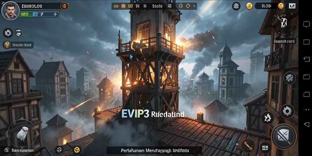 Gameplay seru dalam EVIP3 dengan menara pertahanan yang strategis.