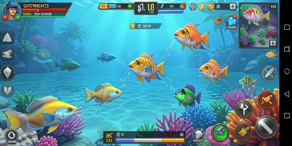 Screenshot gameplay GATOTKACA123 menampilkan aksi menembak ikan yang seru.