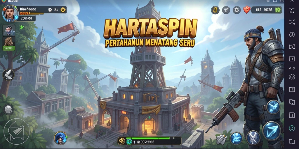 Tangkapan layar HARTASPIN menampilkan aksi pertahanan menara yang seru.