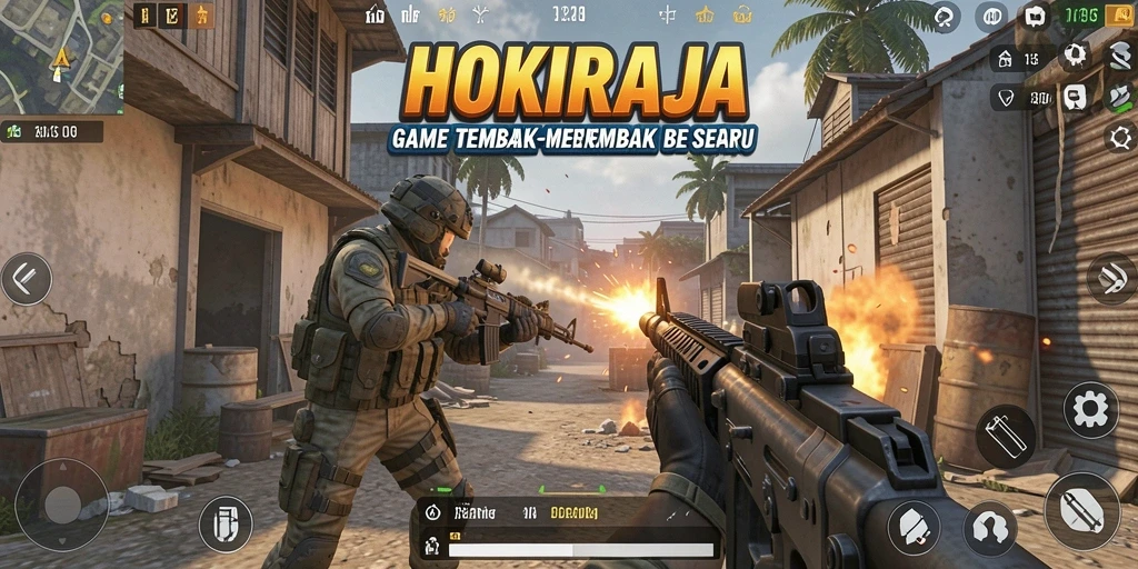 Screenshot menampilkan aksi gameplay menembak di HOKIRAJA.