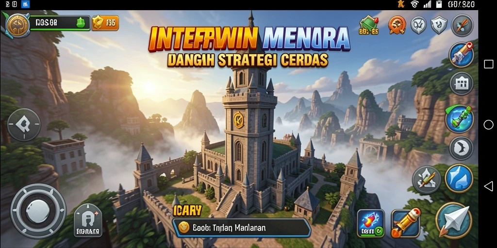 Tampilan seru dari gameplay Tower Defense INTERWIN dengan menara yang berjejer.