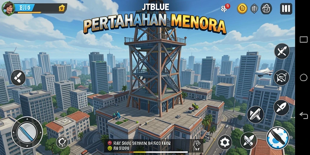 Screenshot JTBLUE menampilkan aksi dinamis dalam game Tower Defense.
