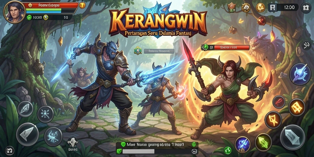 Tampilan pertarungan seru di KERANGWIN dengan karakter unik dan efek grafis menakjubkan.