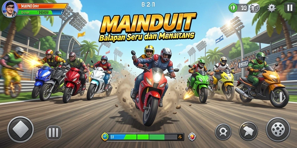 Tampilan utama gameplay MAINDUIT yang penuh aksi balapan.