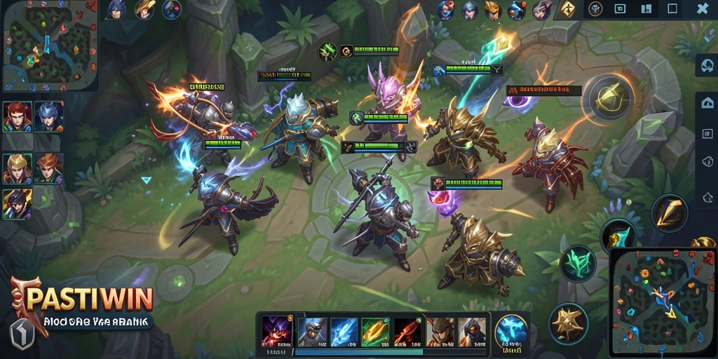 Screenshot gameplay PASTIWIN menampilkan aksi seru di battlefield MOBA.
