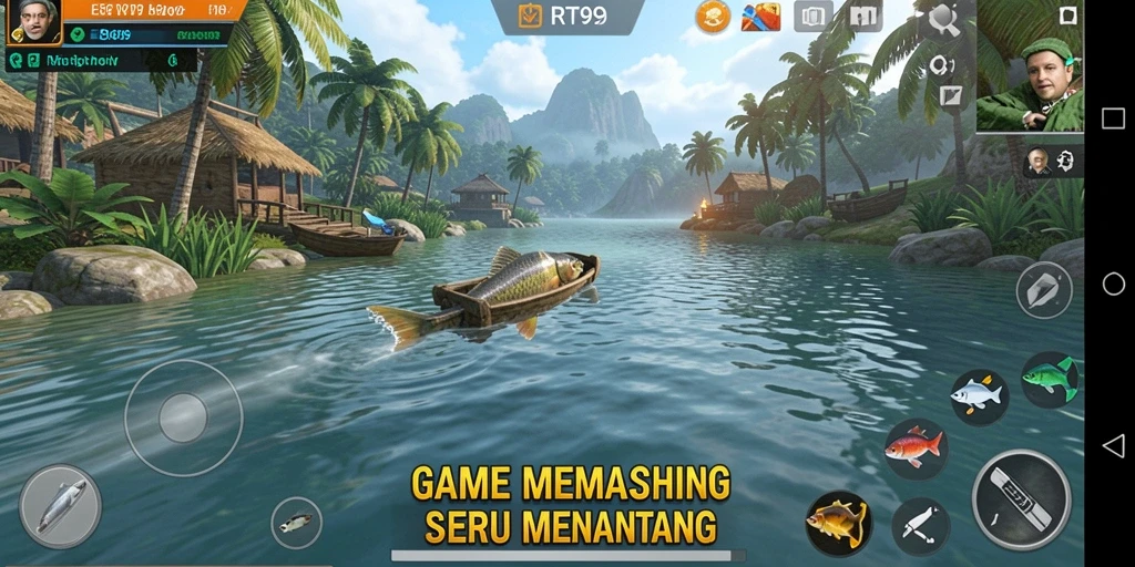 Screenshot gameplay RT99 yang menampilkan aksi memancing yang seru.