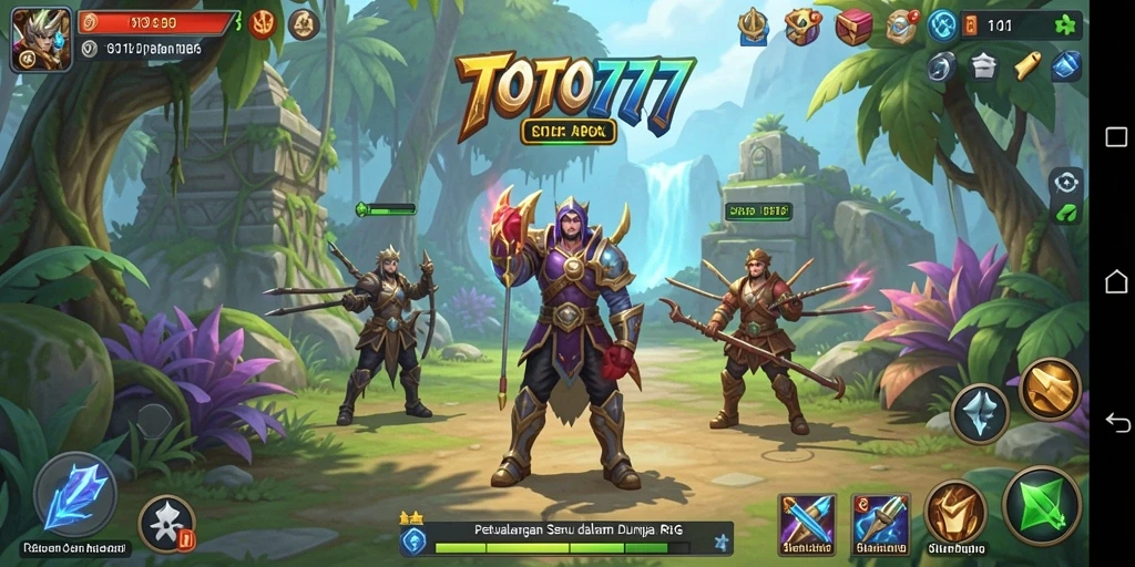 Screenshot gameplay TOTO777 menampilkan pertarungan epik di dunia fantasi.